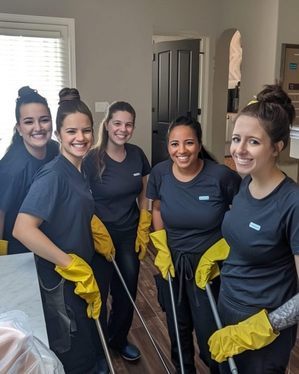 photo of a group of beautiful, happy cleaning ladies and gentlemen in a beautiful, clean, organized home